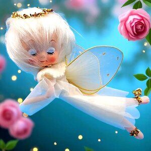 Vintage White Hair Pixie Angel Ornament Japan Organza Dress Tulle Wings 1960s